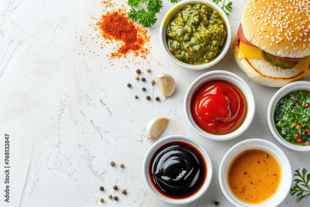 Top View Burger Sauce Set with Ketchup, Mustard, BBQ, Pesto, and More in Small Bowls. Portion Control and Tasty Condiments for Your Burger Bowls Top View Burger Sauce Set with Ketchup, Mustard, BBQ, Pesto, and More in Small Bowls. Portion Control and Tasty Condiments for Your Burger Bowls