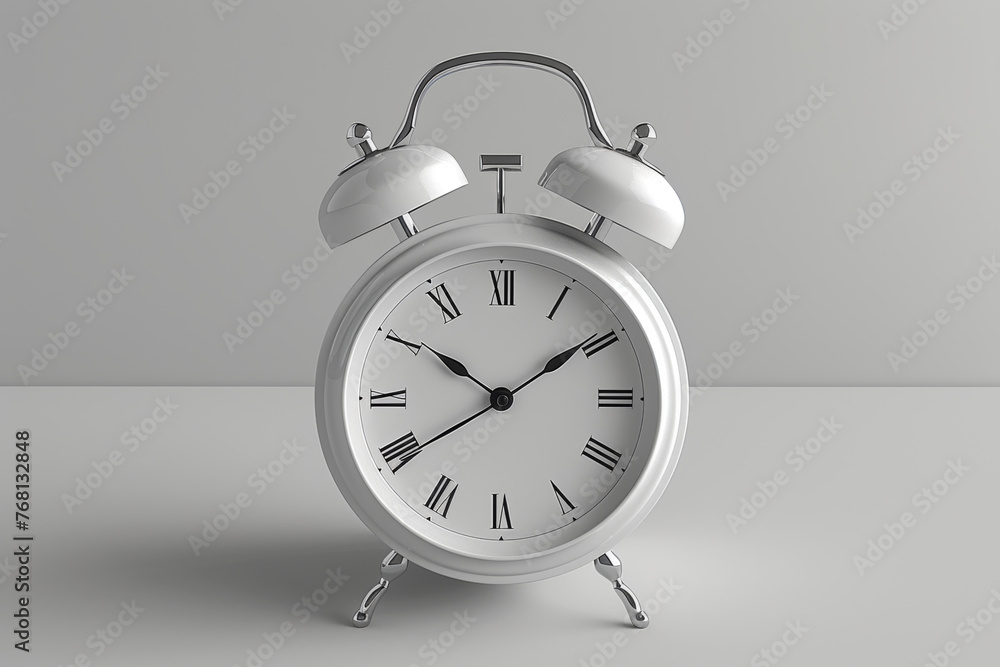 Classic white alarm clock on white background, a timeless reminder of moments ticking by in monochromatic serenity. Classic white alarm clock on white background, a timeless reminder of moments ticking by in monochromatic serenity.