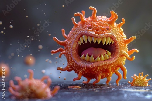 a cartoon orange virus with sharp teeth
