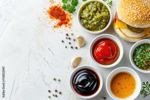 Top View Burger Sauce Set with Ketchup, Mustard, BBQ, Pesto, and More in Small Bowls. Portion Control and Tasty Condiments for Your Burger Bowls