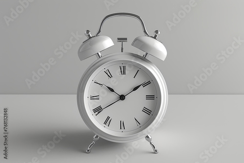 Classic white alarm clock on white background, a timeless reminder of moments ticking by in monochromatic serenity.