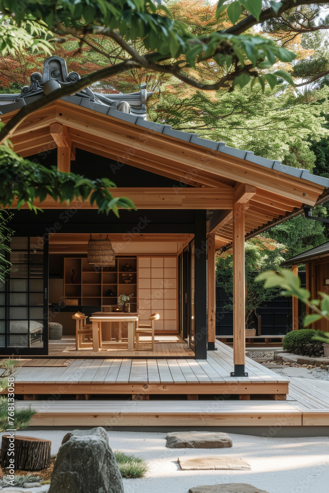 Traditional Japanese home with open veranda and garden blending indoor luxury with natural elegance. Traditional Japanese home with open veranda and garden blending indoor luxury with natural elegance.