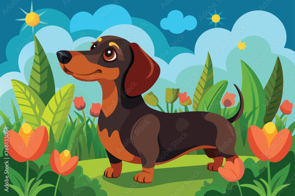 dachshund-dog-in-a-garden-with-grass-and-flowers.eps