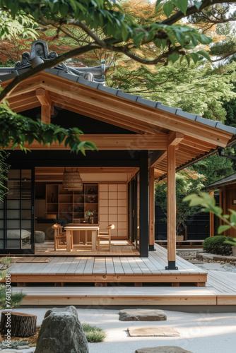 Traditional Japanese home with open veranda and garden blending indoor luxury with natural elegance.