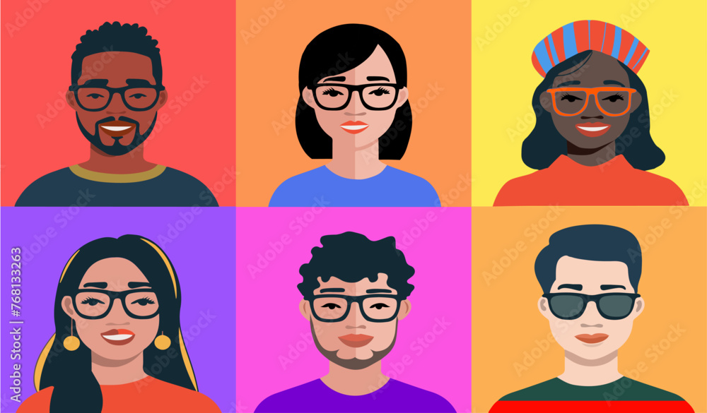 Retrato de grupo de personas diferentes con fondo de colores. Set vector de diversidad de personas con gafas. Retrato de grupo de personas diferentes con fondo de colores. Set vector de diversidad de personas con gafas.