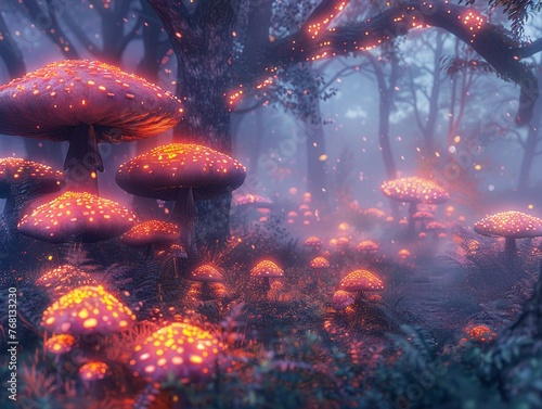 Fantasy forest with glowing mushrooms and ethereal fog , cinematic