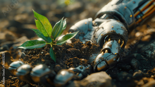 A close-up of a robotic hand with intricate designs, gently cradling a small, vibrant green plant in soil © Fxquadro