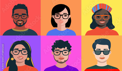 Retrato de grupo de personas diferentes con fondo de colores. Set vector de diversidad de personas con gafas. 