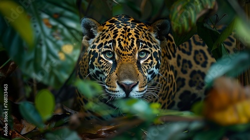 A majestic jaguar prowling through the dense undergrowth of the Amazon rainforest, its spotted coat camouflaging it against the dappled shadows.