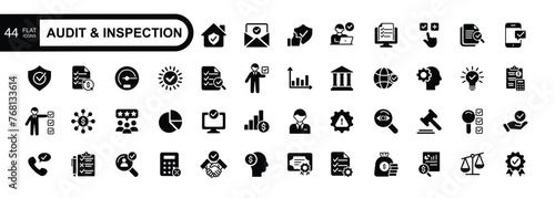Audit and inspection icons set. Examination, testing, quality control, check, inspect, collection.