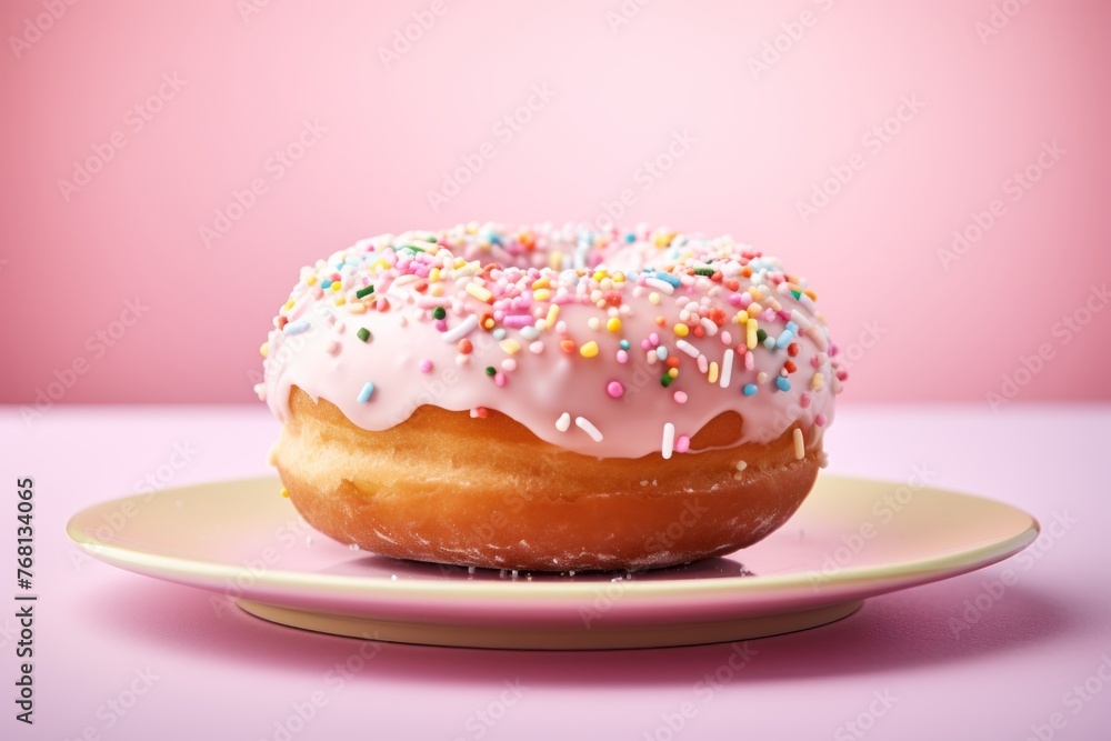 Delicious doughnut on a rustic plate against a pastel or soft colors background Delicious doughnut on a rustic plate against a pastel or soft colors background