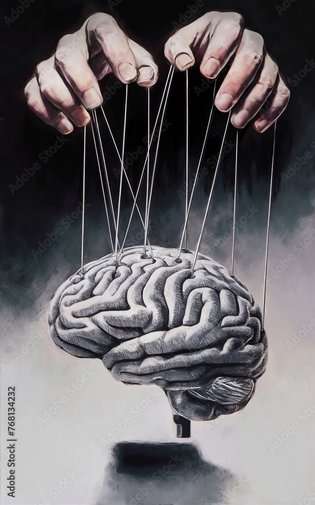 An illustration depicting hands controlling the strings attached to a brain, creating visual similarities with a marionette puppet. - obrazy, fototapety, plakaty 