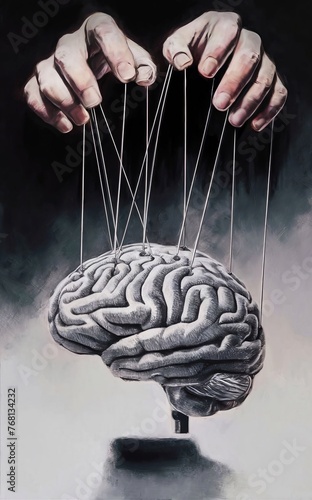 An illustration depicting hands controlling the strings attached to a brain, creating visual similarities with a marionette puppet.