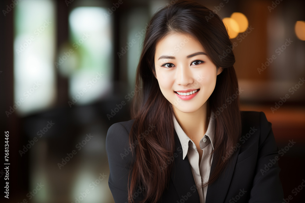 Fototapeta premium Smiling asian businesswomen in suit. Women in work clothes. Rich women. Business boss. Boss of a start-up. Asian women. Chinese women. Japanese women. AI. 