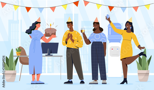 People celebrate in office. Men and woman with cake and candles. glasses of champagne. Holiday and festival, party and event. Corporate celebration indoors. Cartoon flat vector illustration