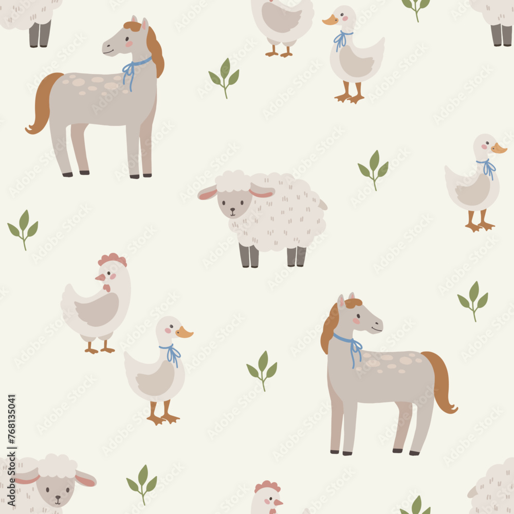 Naklejka premium Farm animals seamless pattern hand drawn cute kids background vintage retro pallete, horse, sheep, chicken, goose