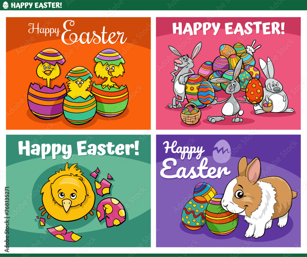 cartoon Easter greeting cards set with bunnies and chicks