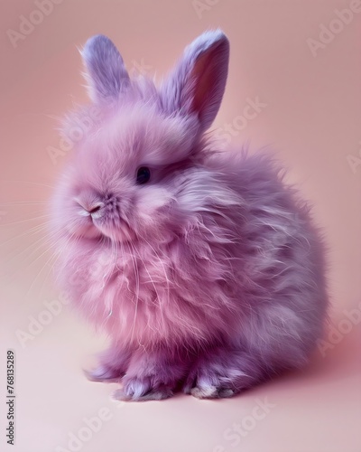 Realistic photo of a bright purple and fluffy rabbit, neutral background, abstract, colorful animal © Jolanta