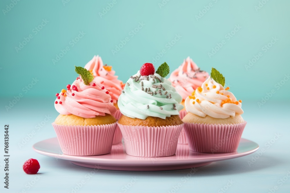 Juicy cupcakes on a metal tray against a pastel or soft colors background Juicy cupcakes on a metal tray against a pastel or soft colors background