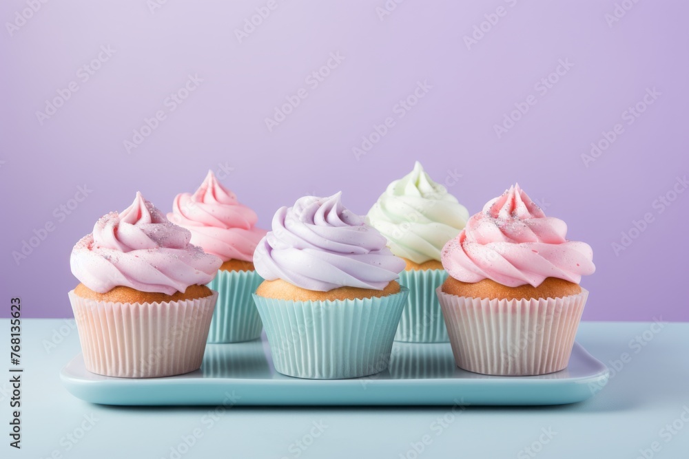 Juicy cupcakes on a metal tray against a pastel or soft colors background