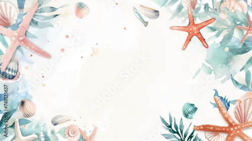 marine tropical border frame with seaweed starfish and shells