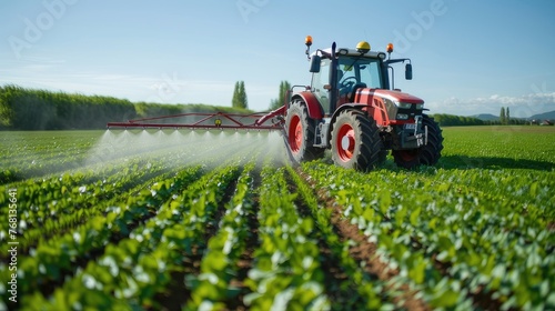 Crop care: Tractor sprays pesticides in springtime field. Vital protection for crops ensures healthy harvests, blending technology with agricultural traditions in rural landscapes. © pvl0707