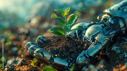 Cybernetic hands gently surround a young plant, embedded in healthy soil, under a warm light photo