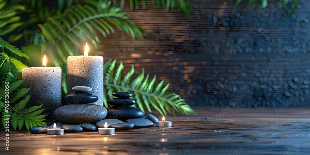 Spa setting with lit candles hot stones and ferns on a wooden background creating a relaxing atmosphere. Concept Spa Setting, Candles, Hot Stones, Ferns, Wooden Background, Relaxing Atmosphere - obrazy, fototapety, plakaty 