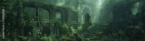 Ancient ruins in a jungle, vines and moss overtaking the stone , 3D render