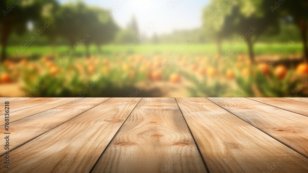 The empty wooden brown table top with blur background of farm. Exuberant image. generative AI - obrazy, fototapety, plakaty 