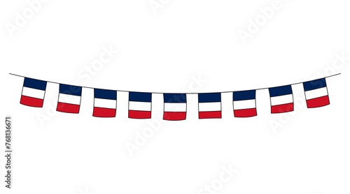 France country doodle hanging flags. French tricolor bunting, streamer. Vector illustration. Decorative party banner design element isolated on white background