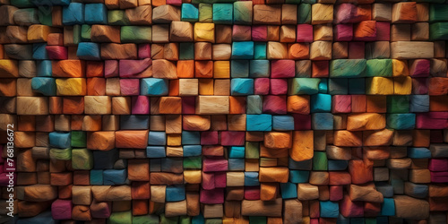 A vibrant background of colorful wooden blocks arranged in an abstract pattern, creating a dynamic and playful texture.