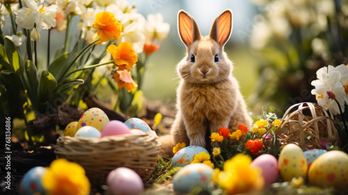 Easter Bunny Among Spring Flowers and Eggs