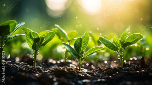 Close-up of young green plant seedlings with water droplets in rich soil