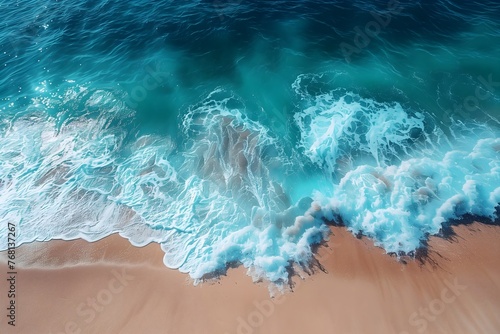  Creative nature template. Aerial view of turquoise ocean waves. Beautiful sandy beach with turquoise sea. Vacations, summer time.