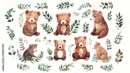 a simple clipart set of gouache cartoon cute brown bears in leaves wreath in muted colors on a white background, perfect for sticker sheet