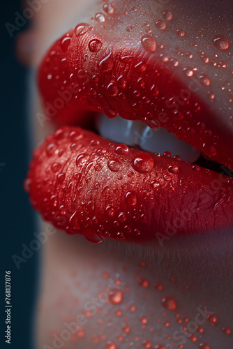 Luscious red lips with water droplets close-up