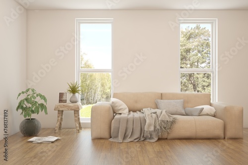 White living room with sofa and summer landscape in window. Scandinavian interior design. 3D illustration