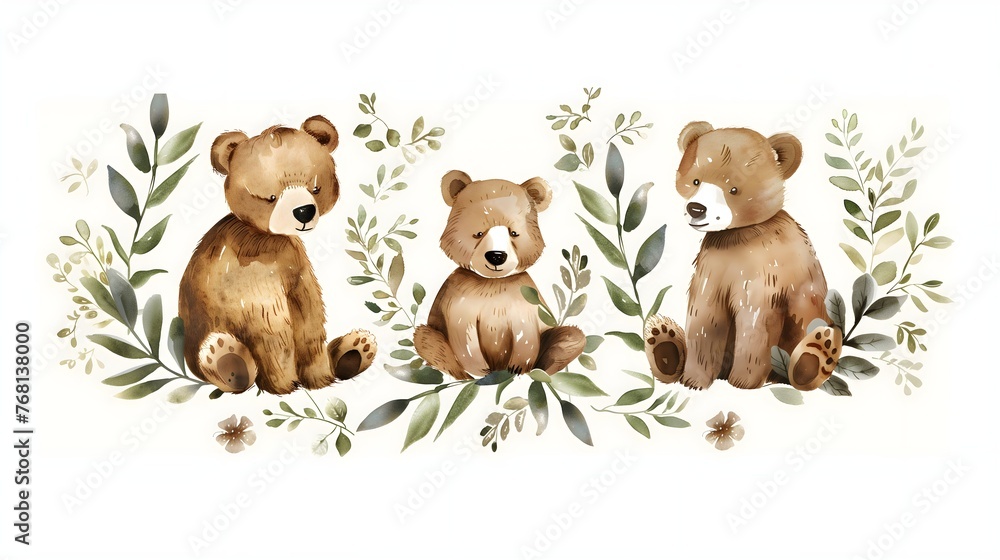 a simple clipart set of gouache cartoon cute brown bears in leaves wreath in muted colors on a white background, perfect for sticker sheet - obrazy, fototapety, plakaty 