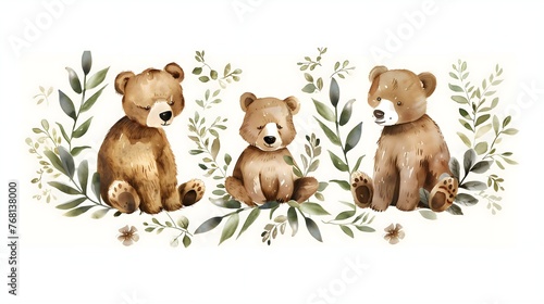 a simple clipart set of gouache cartoon cute brown bears in leaves wreath in muted colors on a white background, perfect for sticker sheet