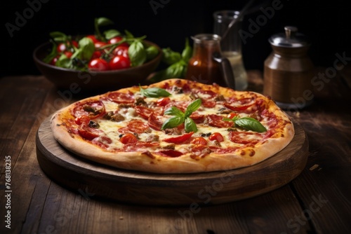 Refined pizza in a clay dish against a rustic wood background