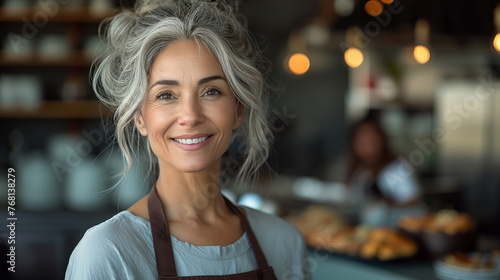 Portrait of a woman with gray hair, 60 – 65 years old. She is the owner of a cafe-restaurant and her own small business.
