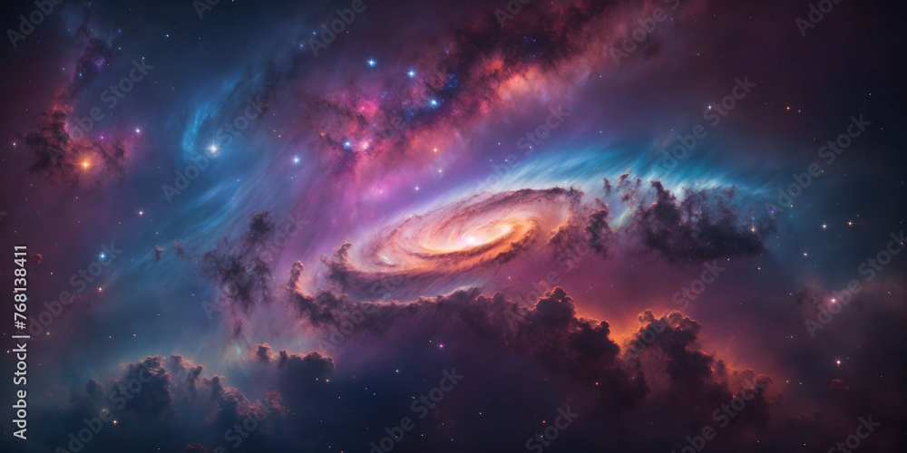 Spiral Galaxy in a Vibrant Cosmic Sky Full of Stars. Spiral galaxy surrounded by a cloud of stars, capturing the vastness and wonder of the universe.