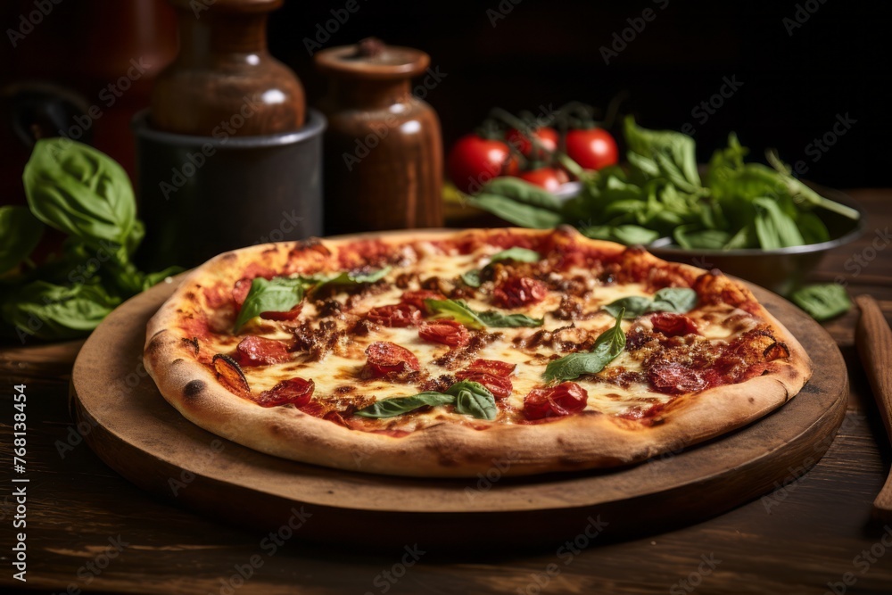 Refined pizza in a clay dish against a rustic wood background