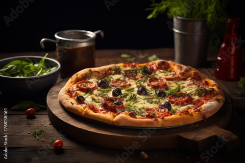 Refined pizza in a clay dish against a rustic wood background