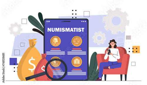 Collectible coins numismatics concept. Woman with magnifyng glass evaluate coins in bags. Treasure and rare cash. Antique international money. Mobile application. Cartoon flat vector illustration