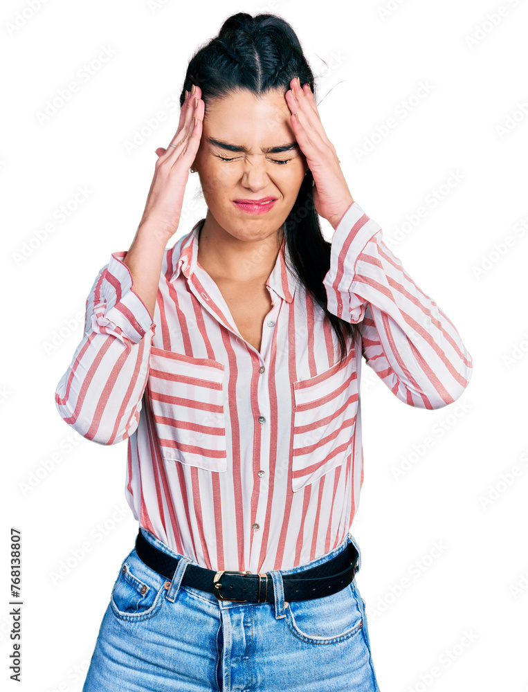 Young hispanic woman wearing casual clothes with hand on head, headache because stress. suffering migraine. Young hispanic woman wearing casual clothes with hand on head, headache because stress. suffering migraine.