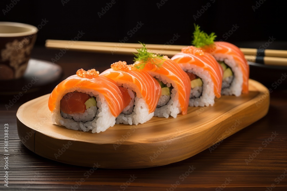 Juicy sushi on a rustic plate against a rustic wood background Juicy sushi on a rustic plate against a rustic wood background