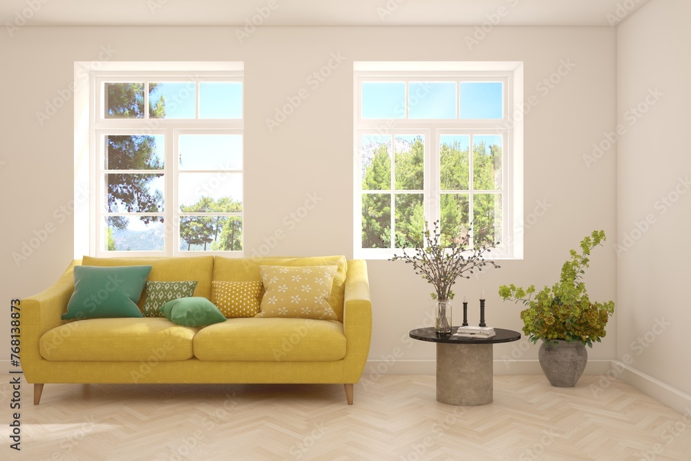 White living room with sofa and summer landscape in window. Scandinavian interior design. 3D illustration