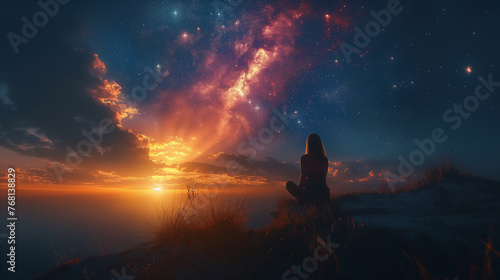 Woman rear view  meditates while sitting on the seashore at sunset and the starry sky background. Calmness and tranquility. Yoga practice.